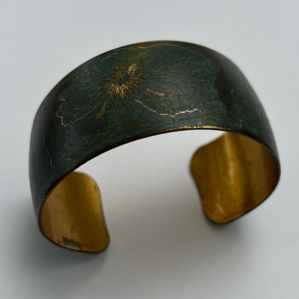 Green and Gold Flower Cuff Bracelet